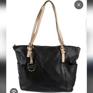 Michael Kors Black and Tan Leather Tote Bag MK Handbag Jet Set Black